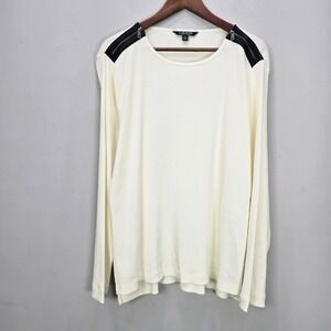 Lauren Ralph Lauren Top 3X Cream Long‎ Sleeve Ribbed Faux Leather Zipper Detail
